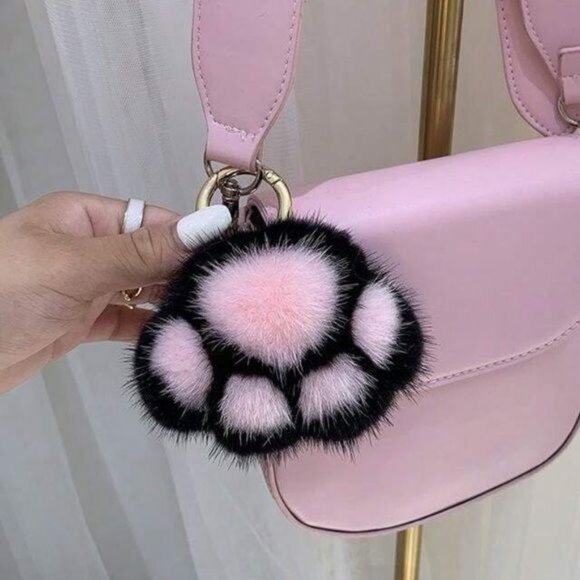 Queen's Attic Ltd. Accessories - 2/$30 Fluffy Paw Print Keychain & Bag Charm Mink Faux Fur Pink/Black NWT